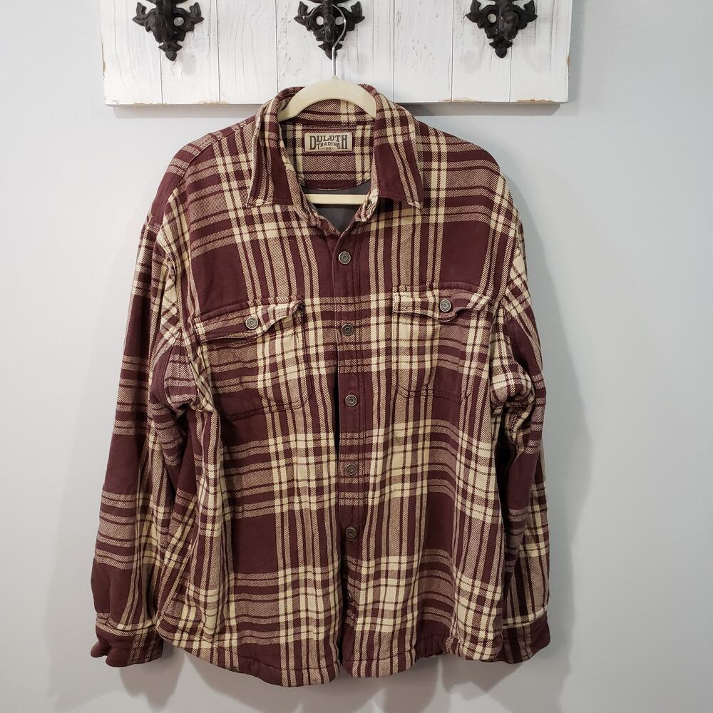 Duluth Trading Co Mens Plaid Flannel Shirt Jacket Burgundy Tan Heavyweight 24"